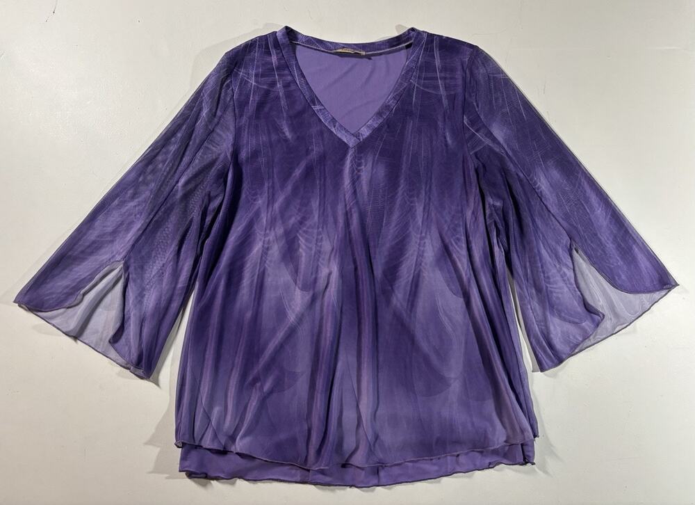 Timeson Women’s Sz Large Sheer Double Layered V-neck Chiffon Blouse Bell Sleeve